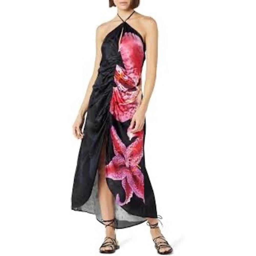 The Drop Women Floral Ruched High Low Halter Maxi Dress Black Pink Small CC4FI65